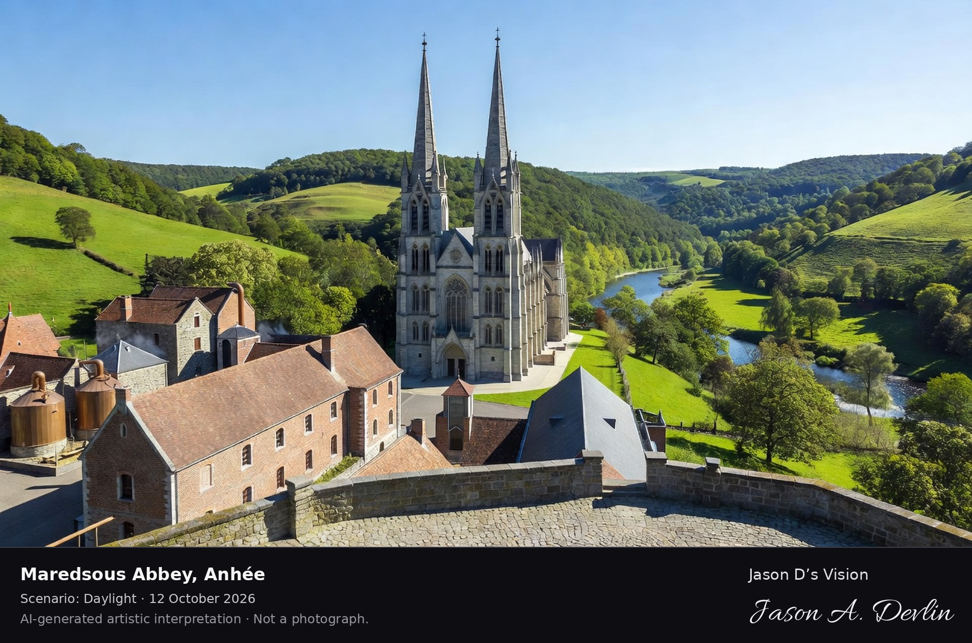 AI-generated artistic interpretation of Maredsous Abbey, Anhée, Belgium.