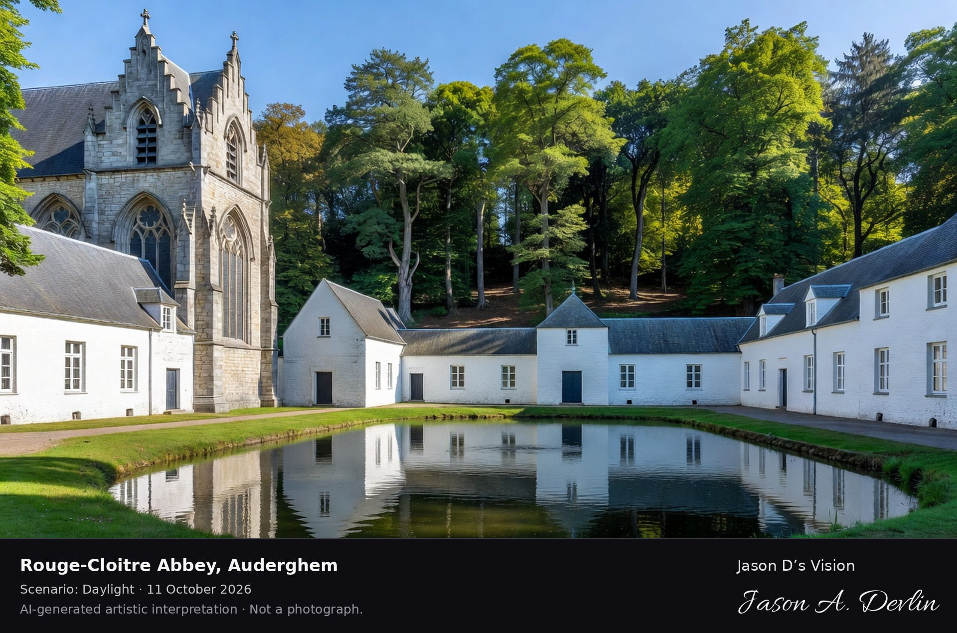 AI-generated artistic interpretation of Rouge-Cloitre Abbey, Auderghem, Belgium.