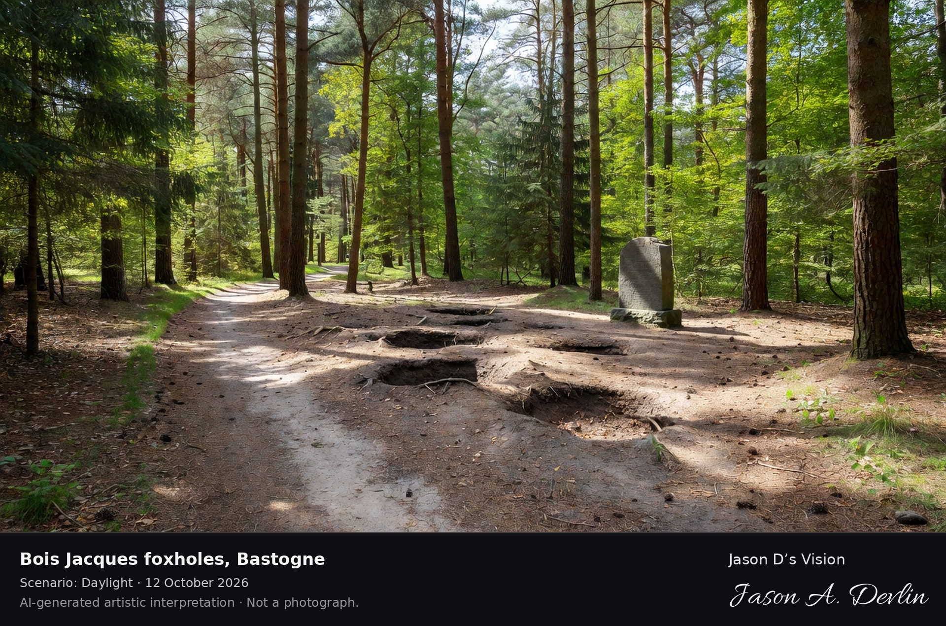 AI-generated artistic interpretation of Bois Jacques foxholes, Bastogne, Belgium.