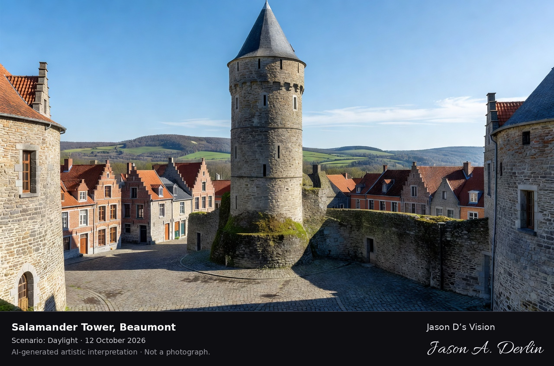 AI-generated artistic interpretation of Salamander Tower, Beaumont, Belgium.
