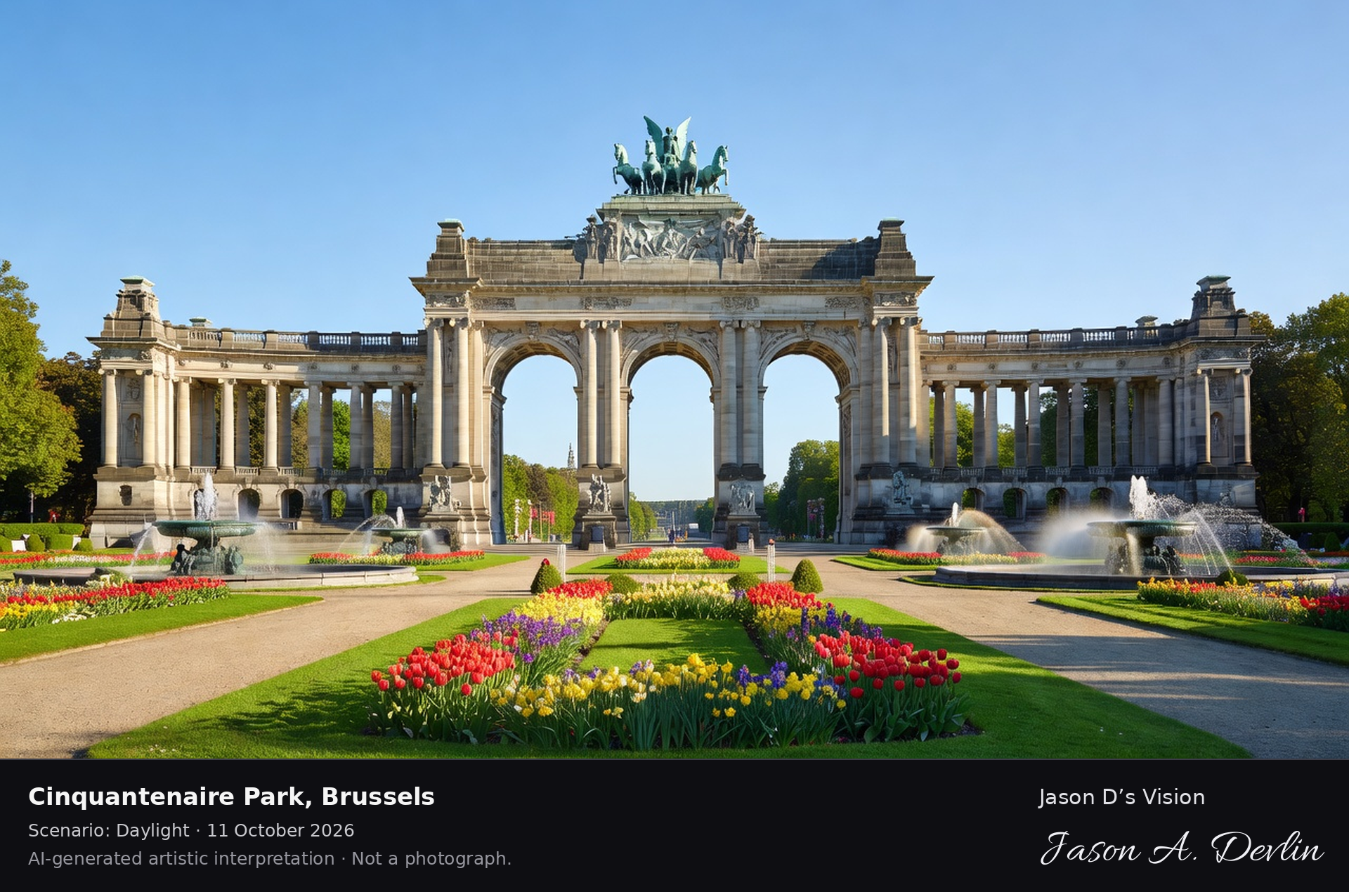 AI-generated artistic interpretation of Cinquantenaire Park, Brussels, Belgium.