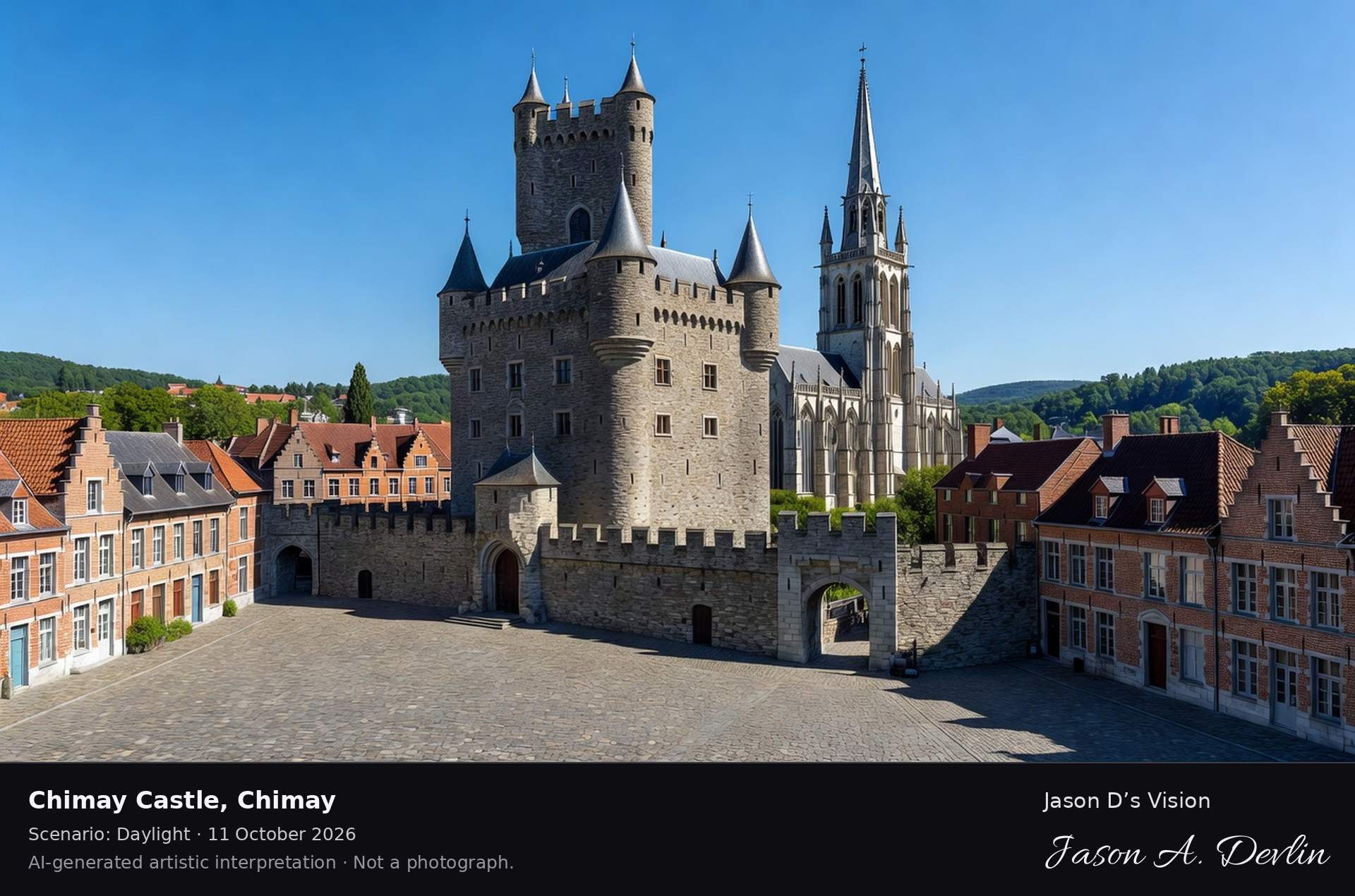 AI-generated artistic interpretation of Chimay Castle, Chimay, Belgium.