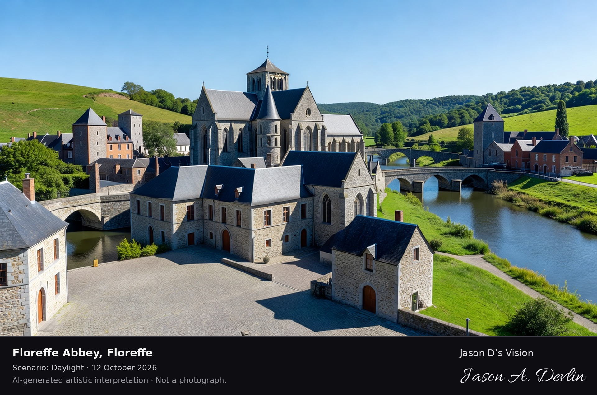AI-generated artistic interpretation of Floreffe Abbey, Floreffe, Belgium.