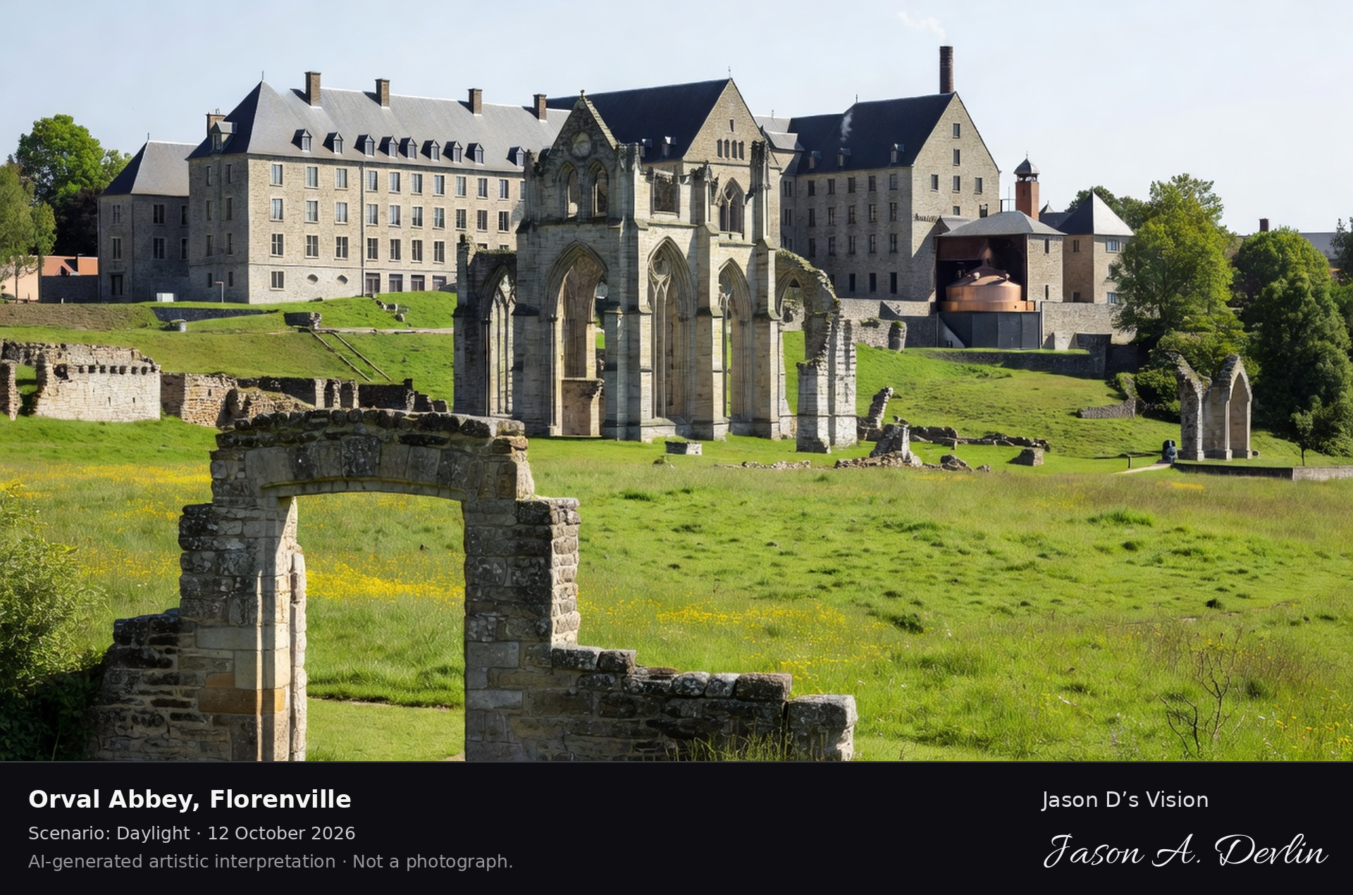 AI-generated artistic interpretation of Orval Abbey, Florenville, Belgium.
