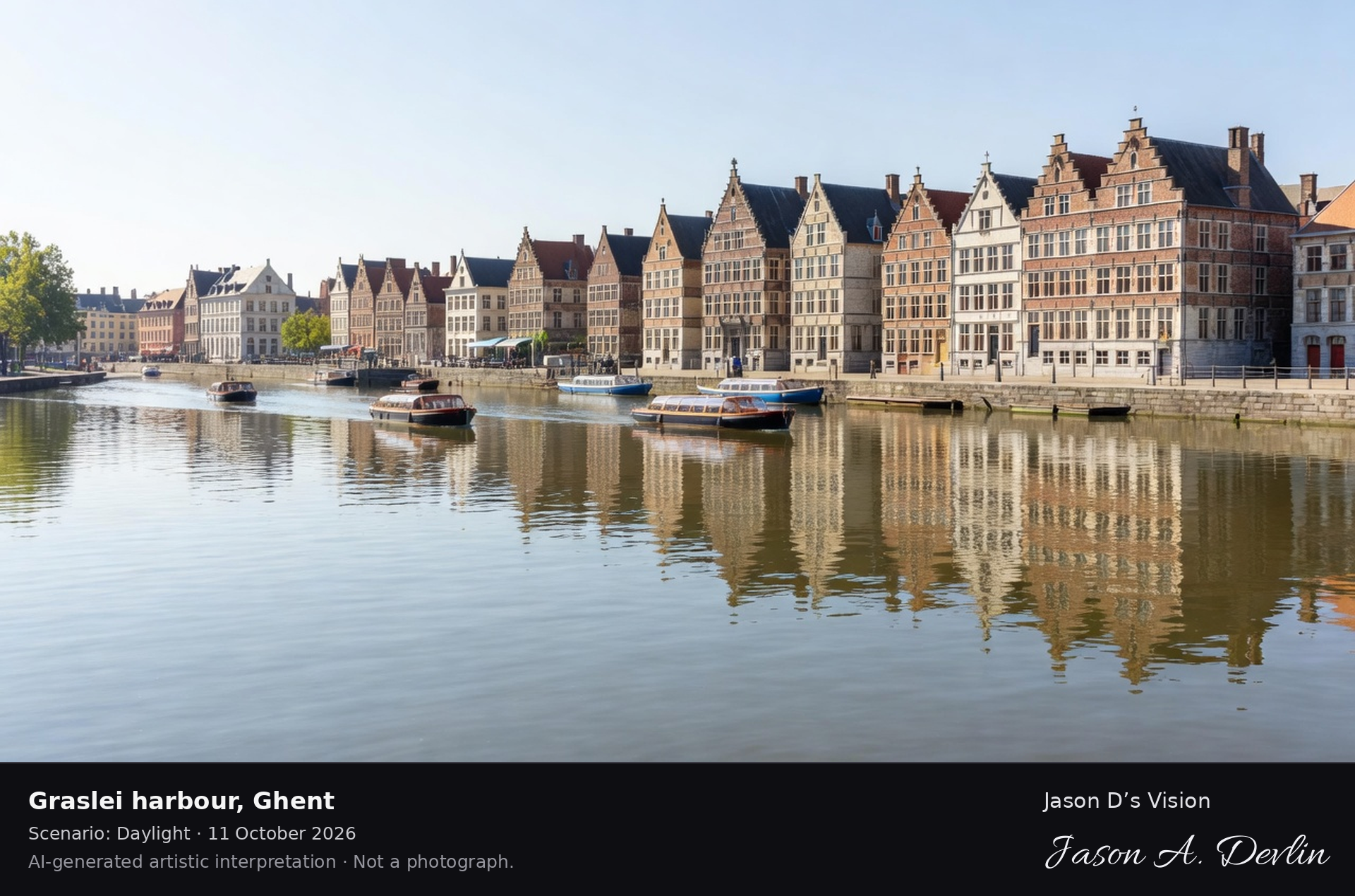 AI-generated artistic interpretation of Graslei harbour, Ghent, Belgium.