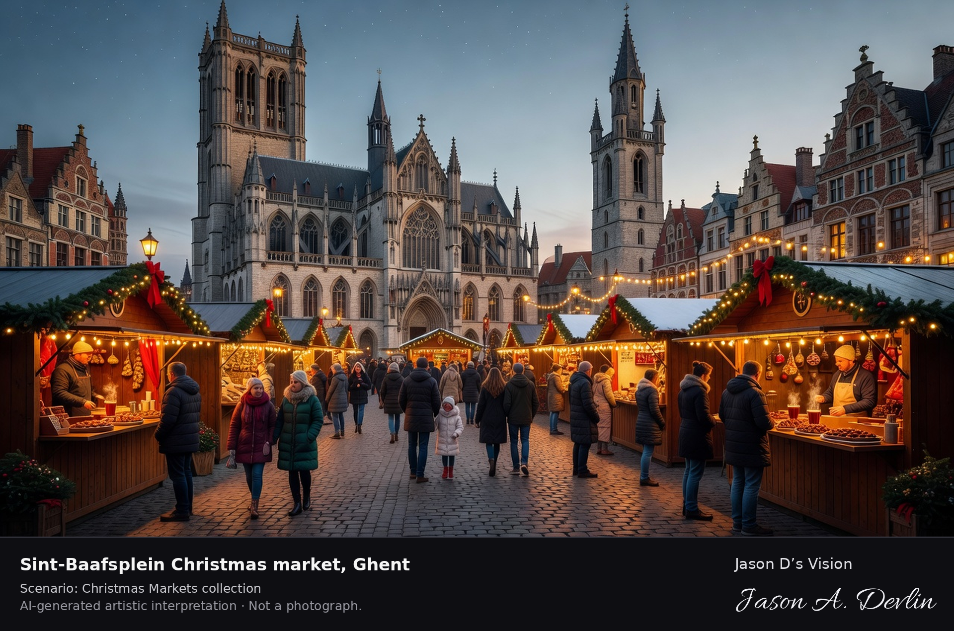 AI-generated artistic interpretation of Sint-Baafsplein Christmas market, Ghent, Belgium.