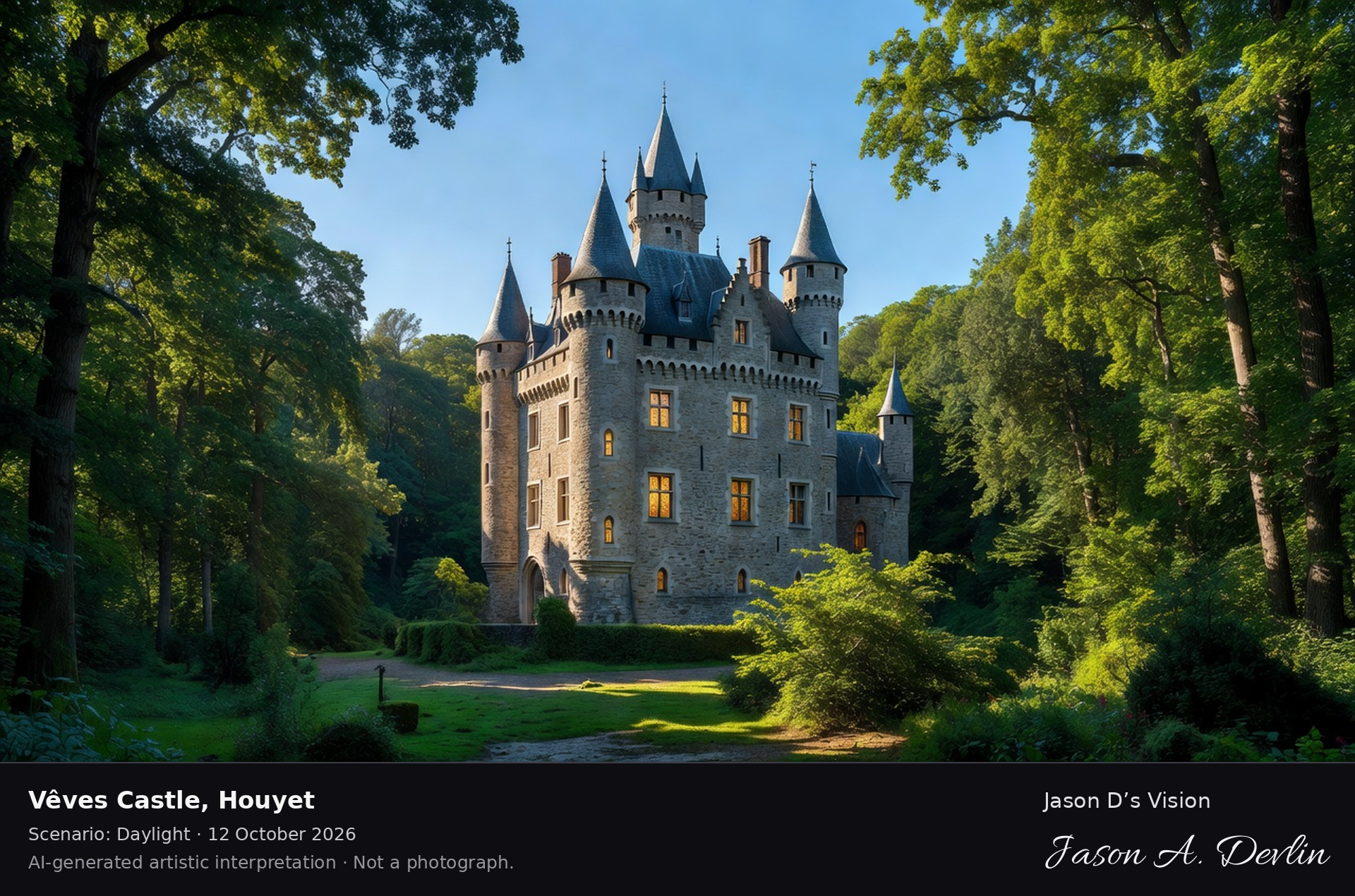 AI-generated artistic interpretation of Vêves Castle, Houyet, Belgium.