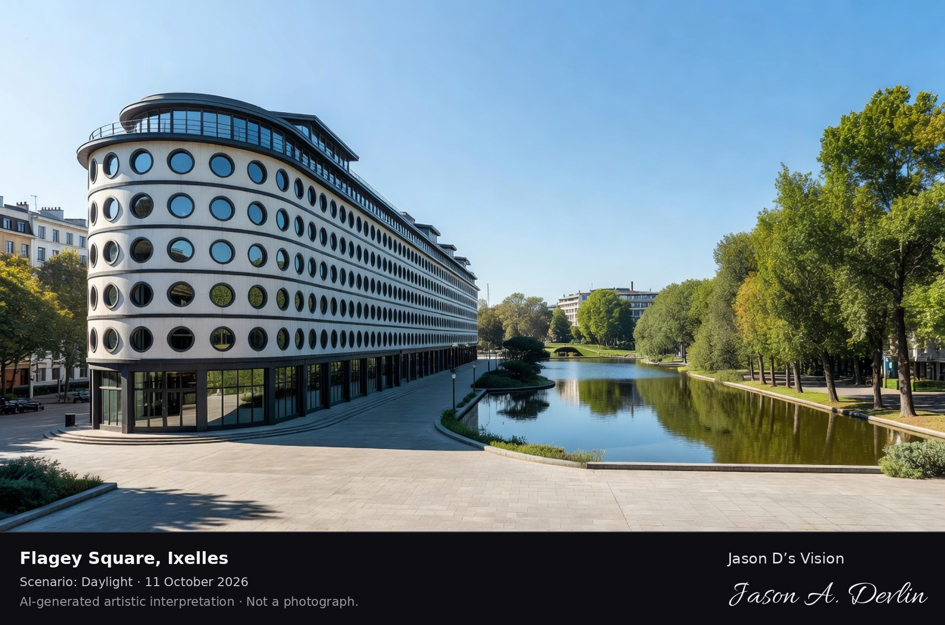 AI-generated artistic interpretation of Flagey Square, Ixelles, Belgium.