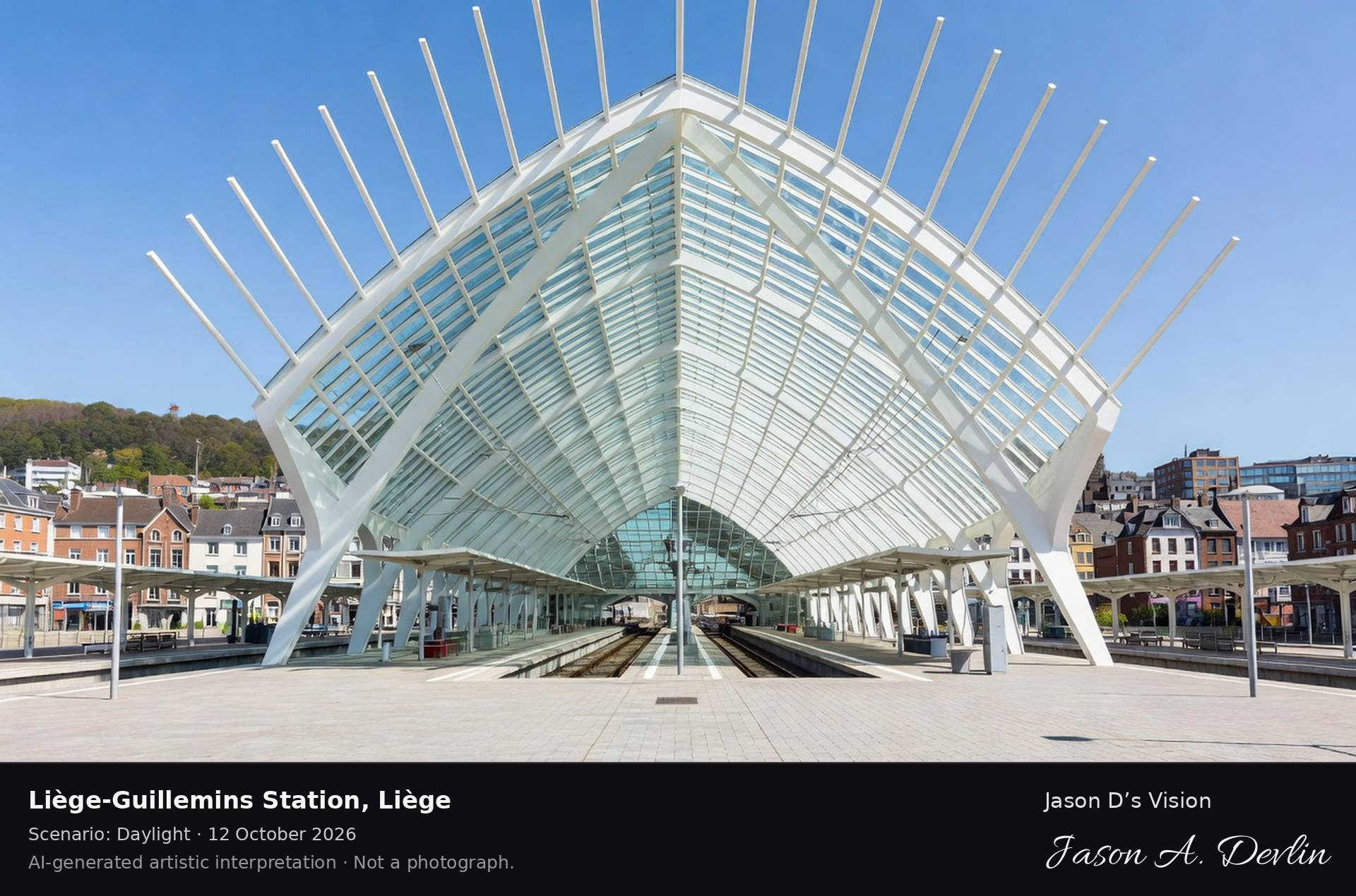 AI-generated artistic interpretation of Liège-Guillemins Station, Liège, Belgium.