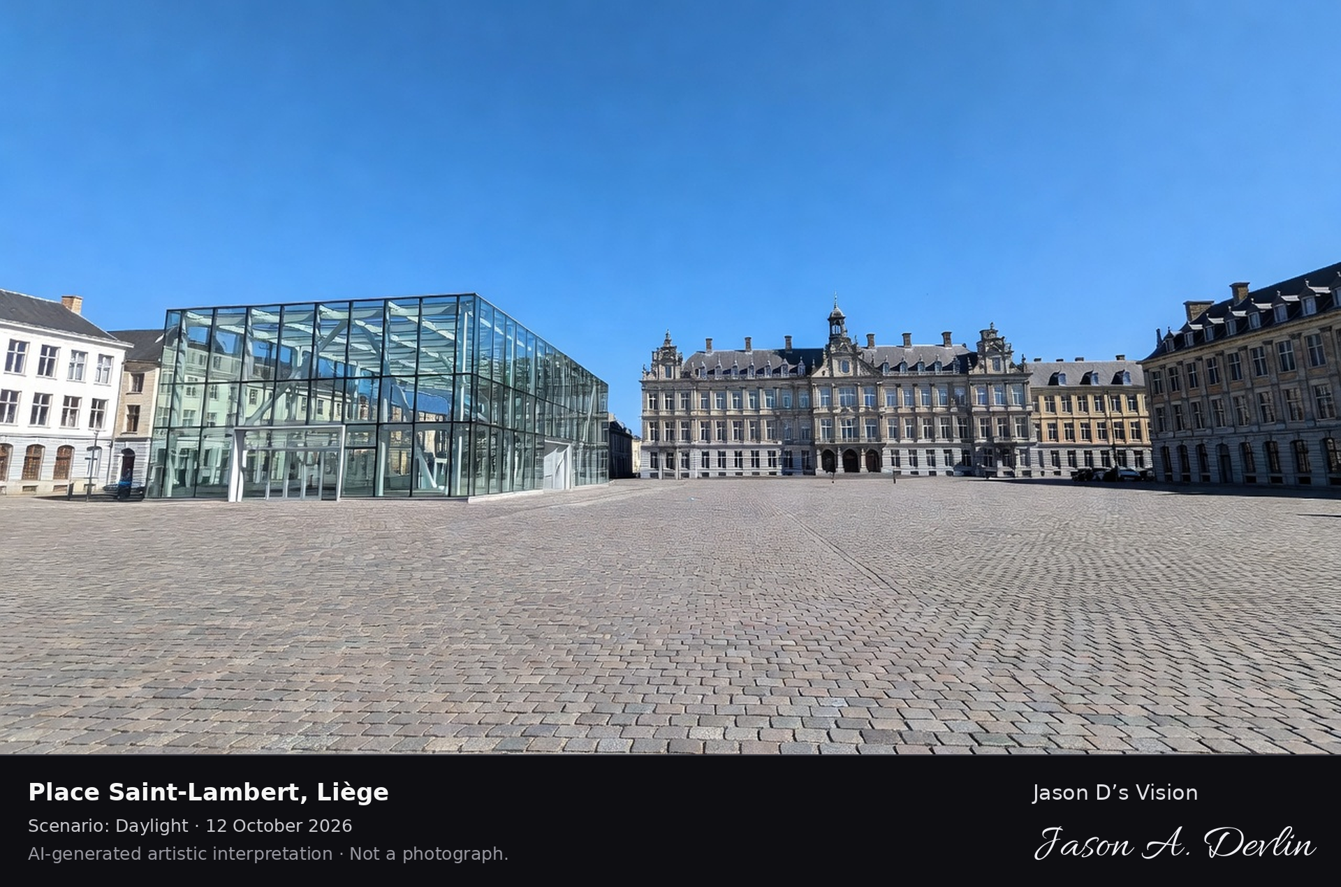 AI-generated artistic interpretation of Place Saint-Lambert, Liège, Belgium.