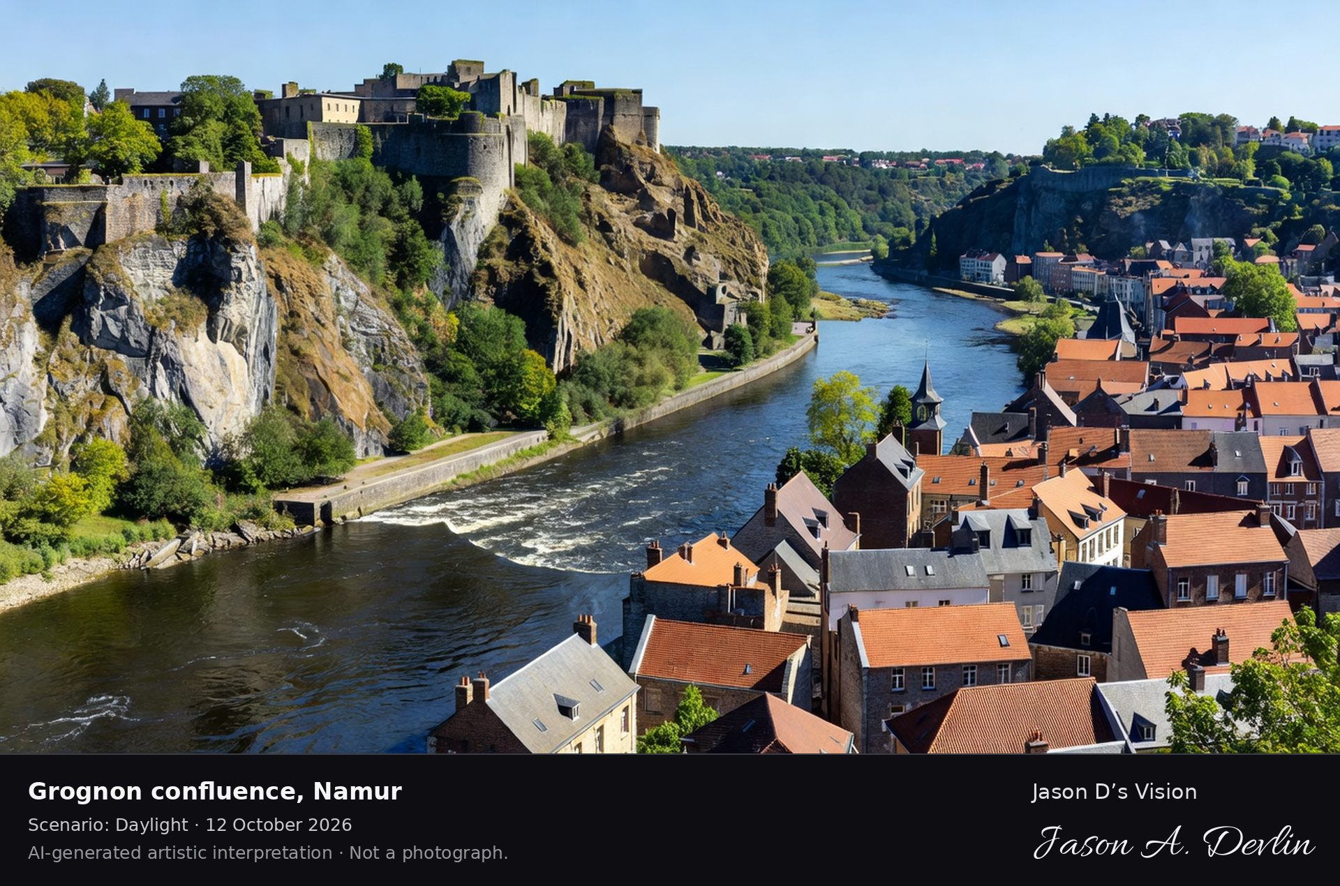 AI-generated artistic interpretation of Grognon confluence, Namur, Belgium.