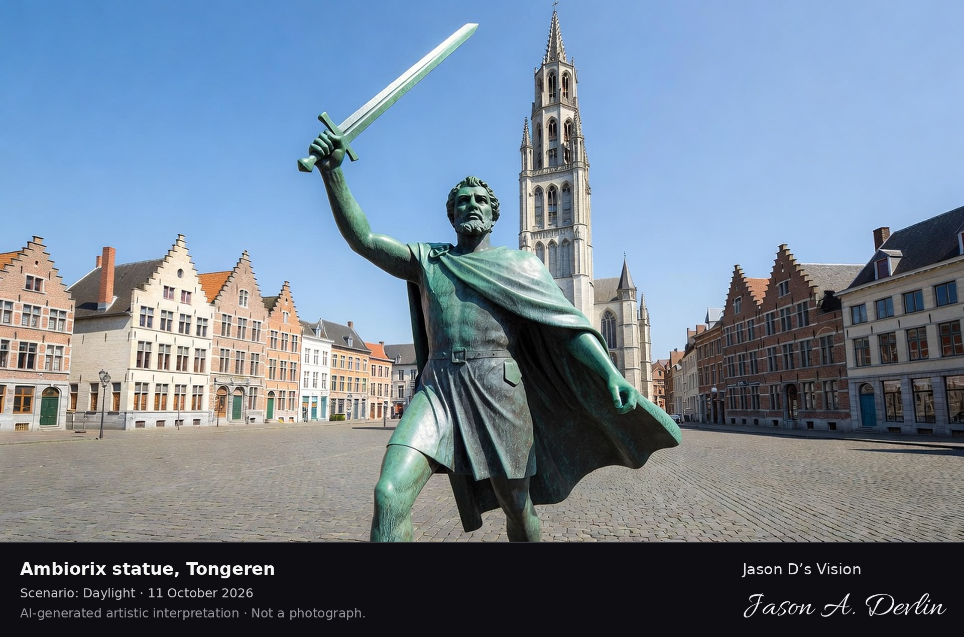 AI-generated artistic interpretation of Ambiorix statue, Tongeren, Belgium.