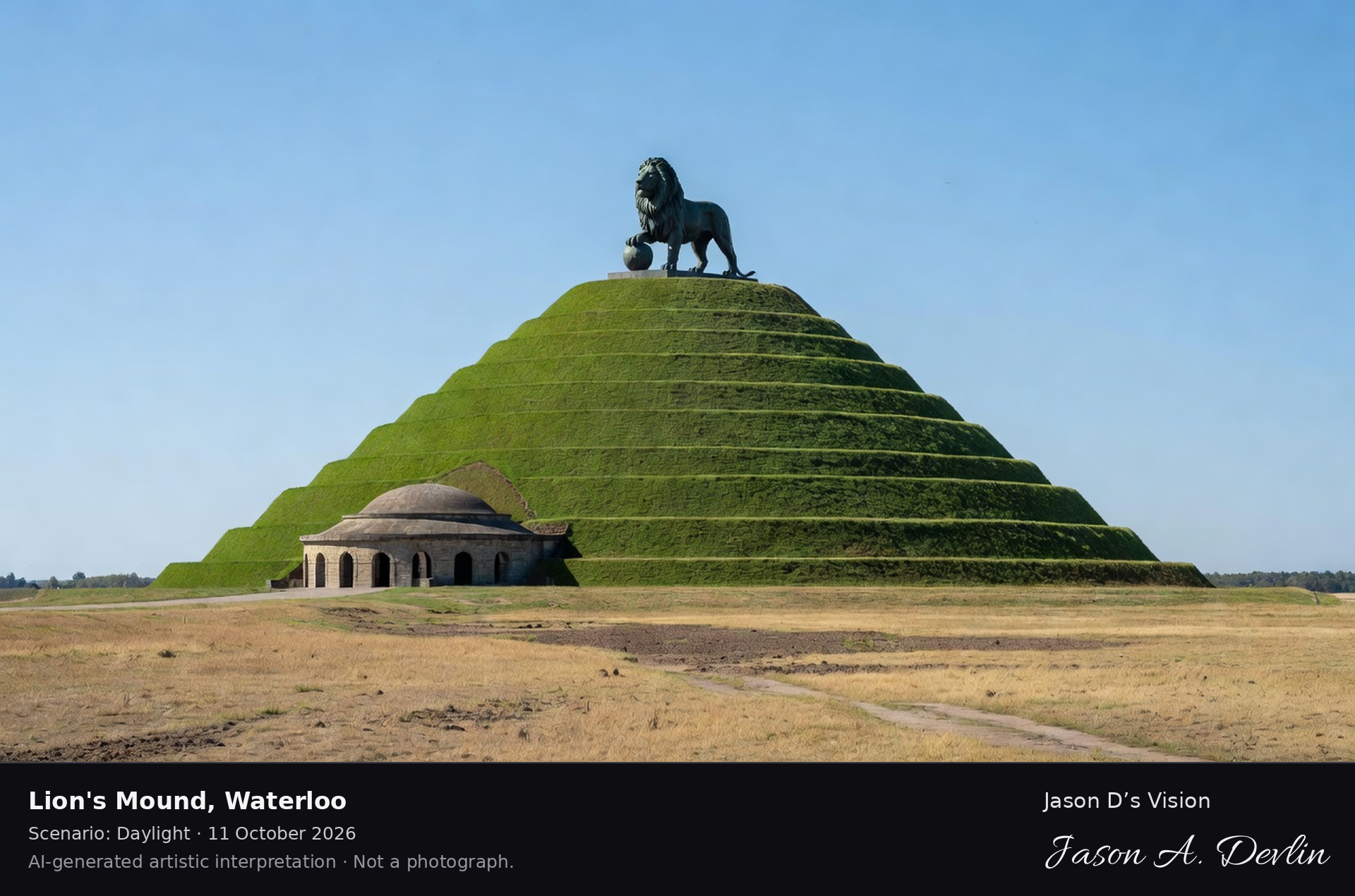 AI-generated artistic interpretation of Lion's Mound, Waterloo, Belgium.