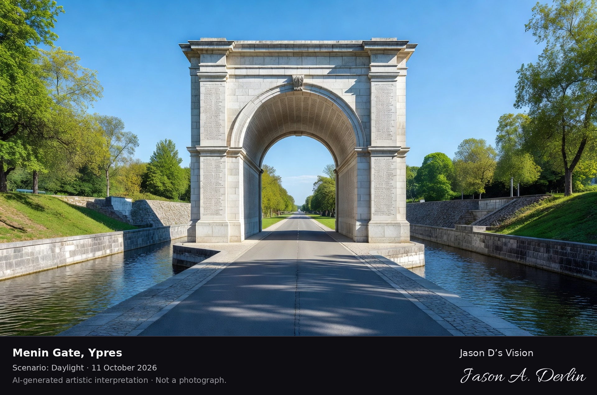AI-generated artistic interpretation of Menin Gate, Ypres, Belgium.